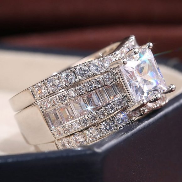 NEW 3 PC/Set Princess Cut Silver Diamond Ring - Picture 3 of 4